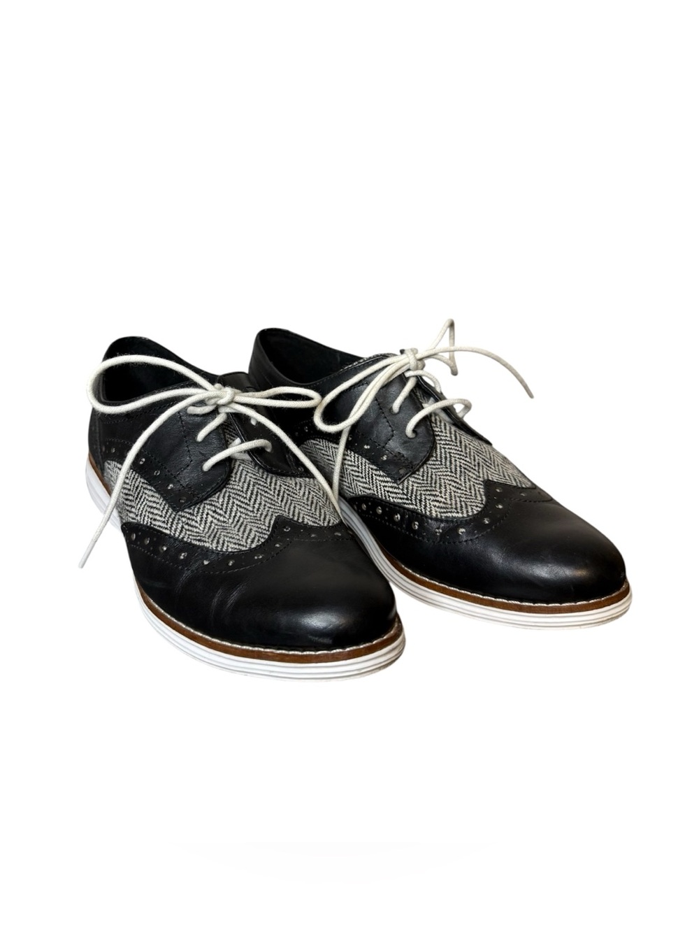Cole Haan Black Leather & Gray Herringbone Wingtip Oxford Shoes